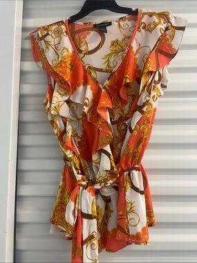 Ashley Stewart  Coral, Cream & Gold Ruffle Wrap Top 22/24